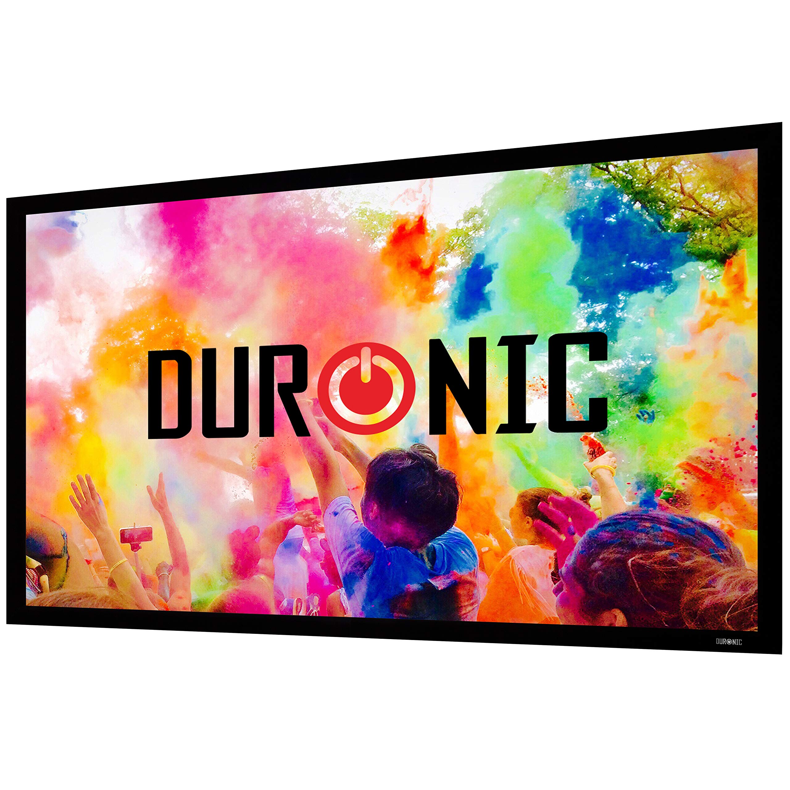 Duronic Projector Screen displaying a vibrant, colorful powder festival with a crowd.