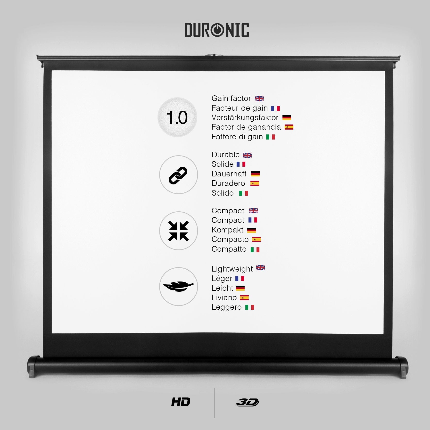 Duronic Projector Screen listing its features: 1.0 gain factor, durable, compact, and lightweight.