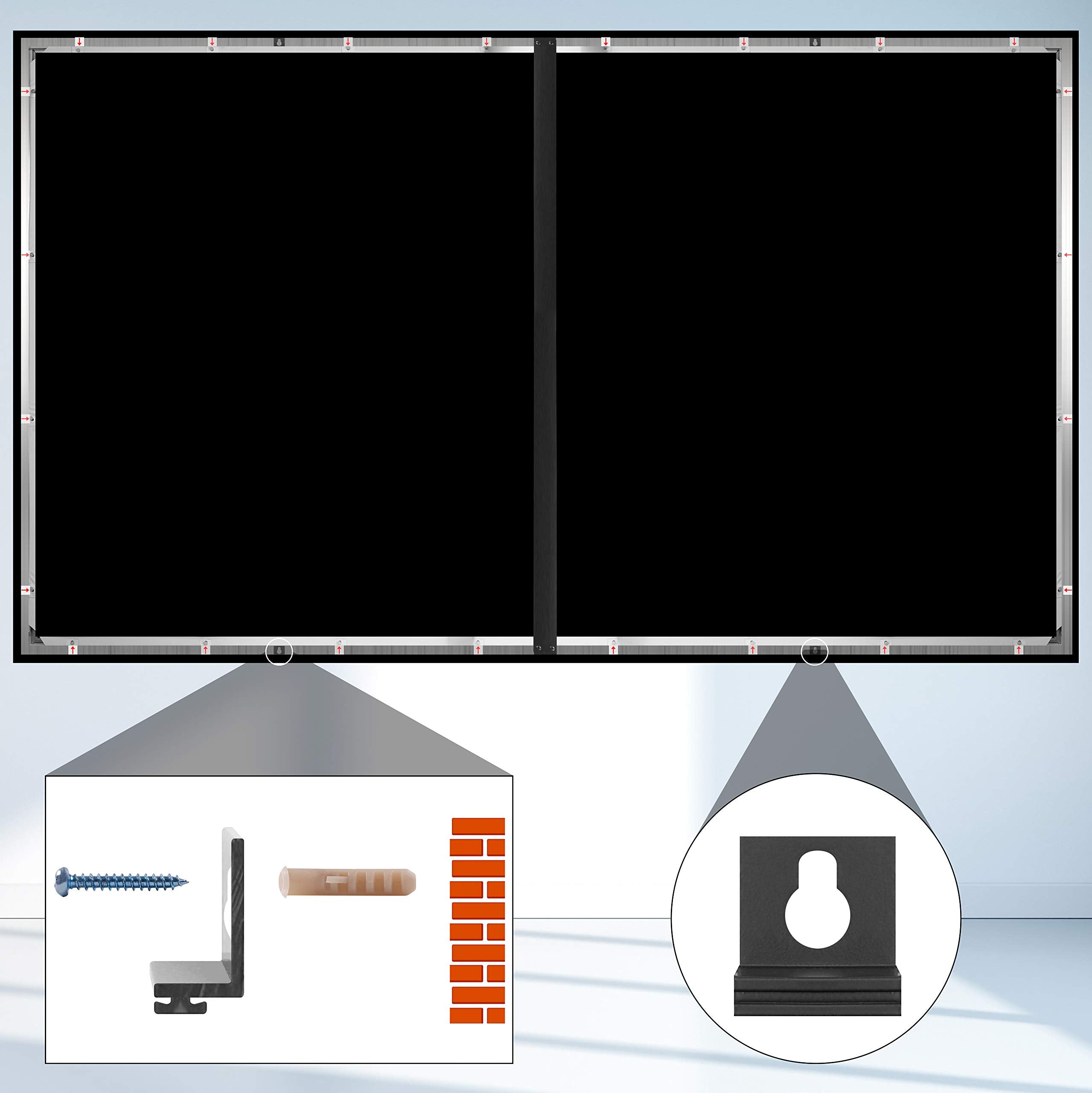 Duronic Projector Screen shown with wall mounting brackets, screws, wall anchors, and brick wall.