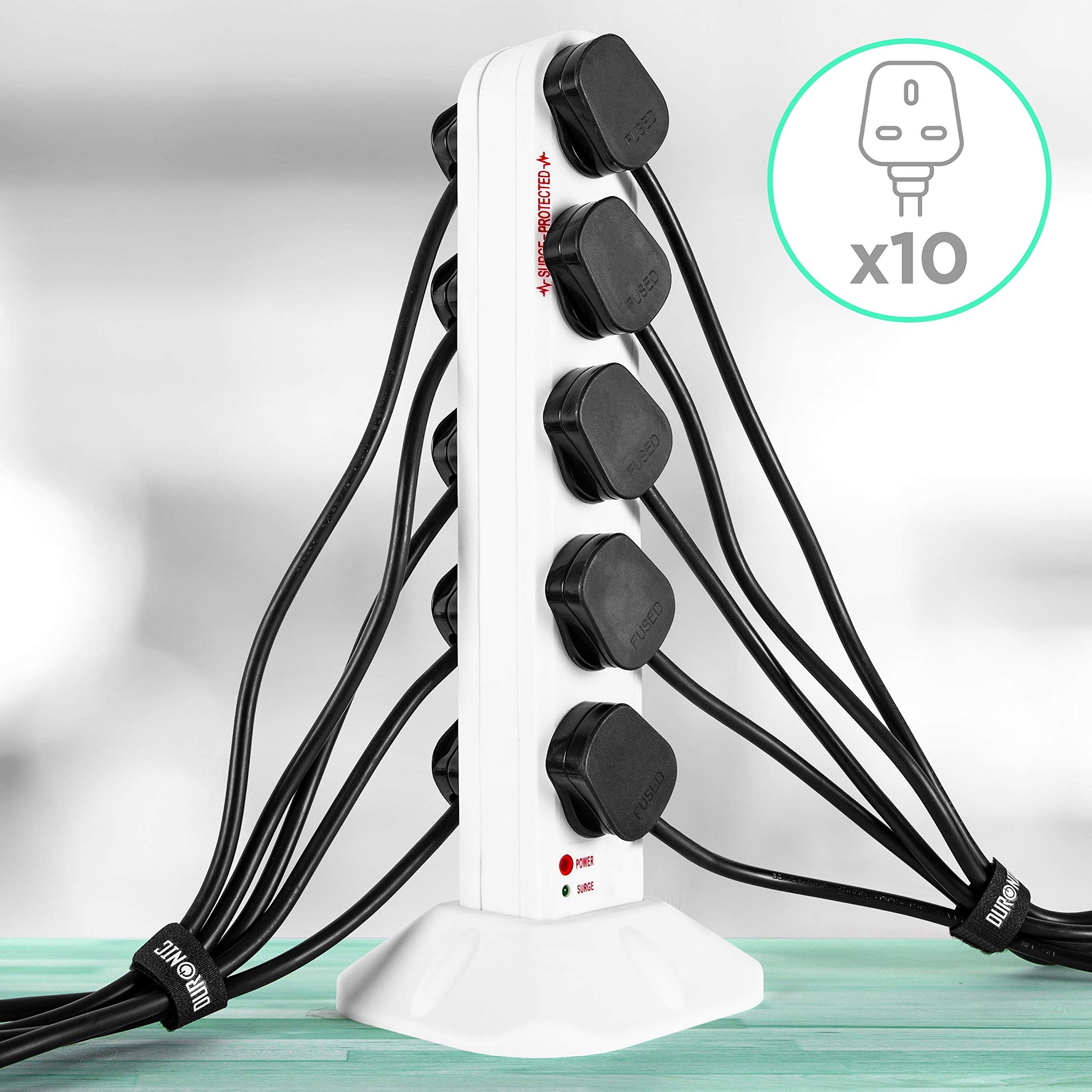 Duronic ST10W surge tower with 10 sockets for UK plugs for laptop, tv, phone charging, gaming