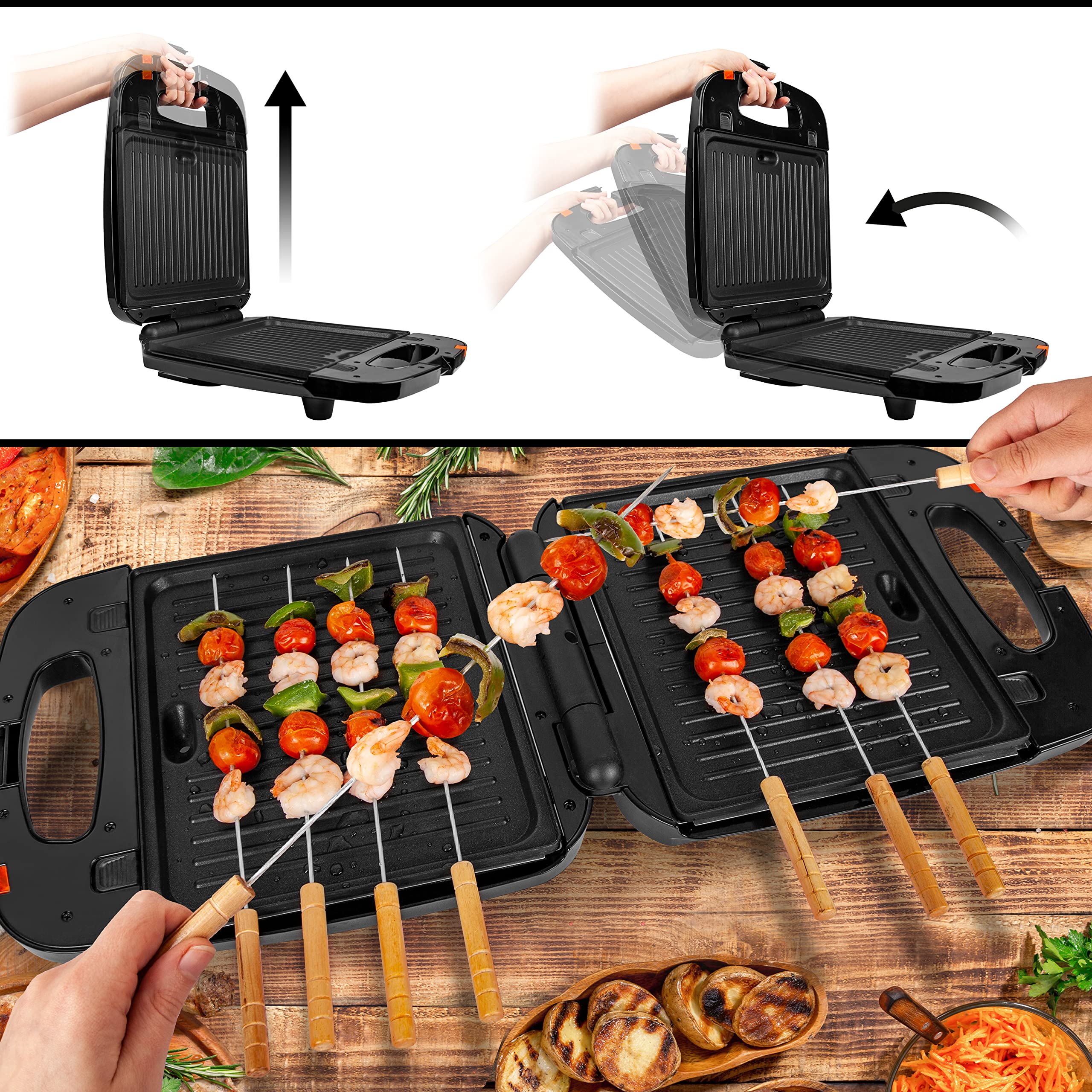 Duronic SWM60 3 in 1 panini press how to open, use and how to cook shrimp skewers on hot griddle