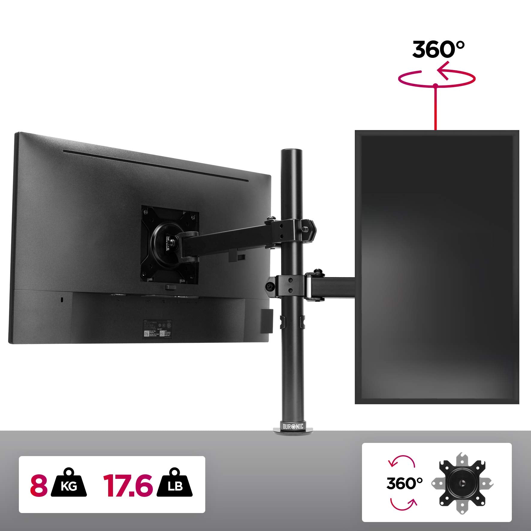 Duronic Single Monitor Arm Stand showcasing 360-degree rotation and 8kg weight capacity.