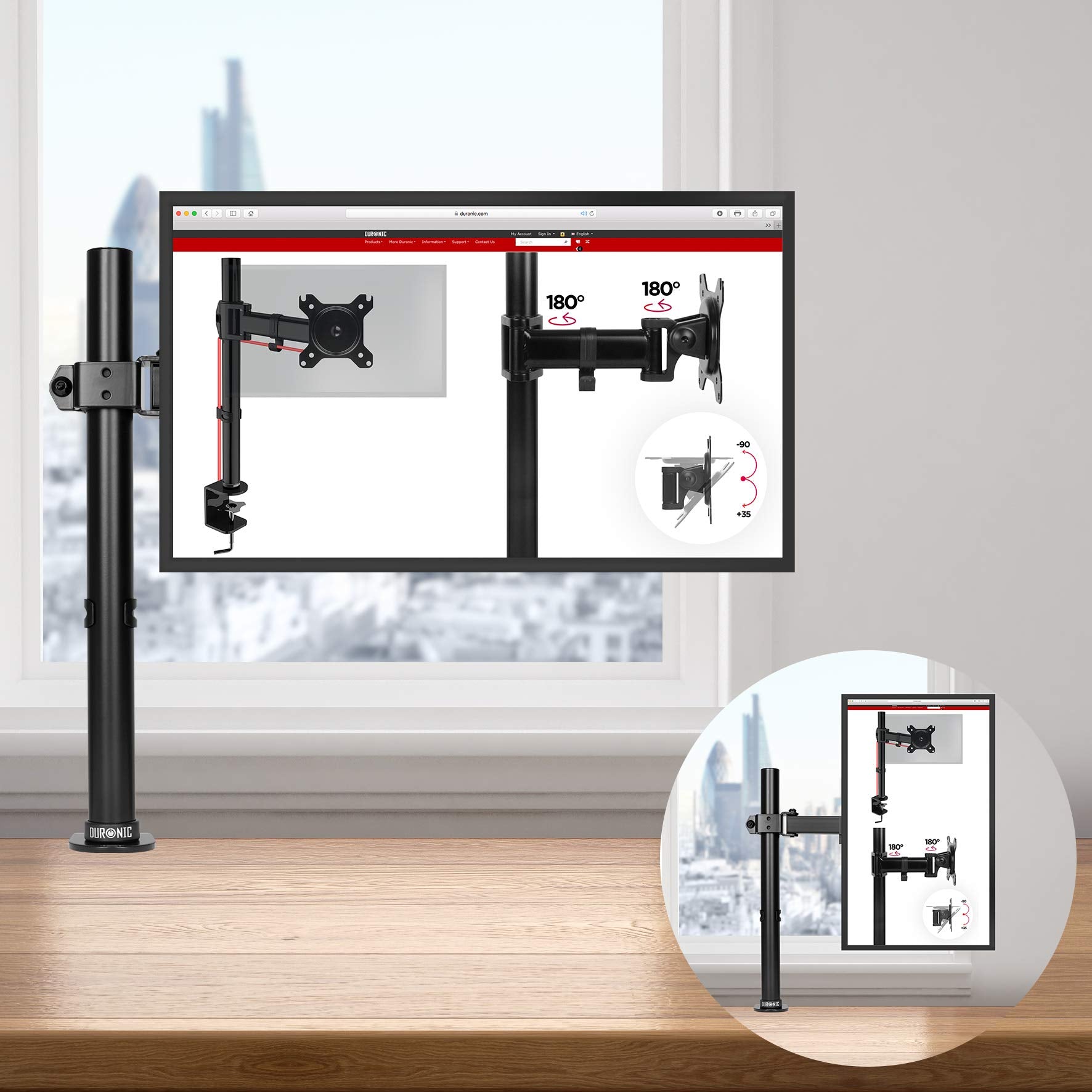 Duronic Single Monitor Arm Stand with adjustable articulation arms clamped onto a wooden desk surface.