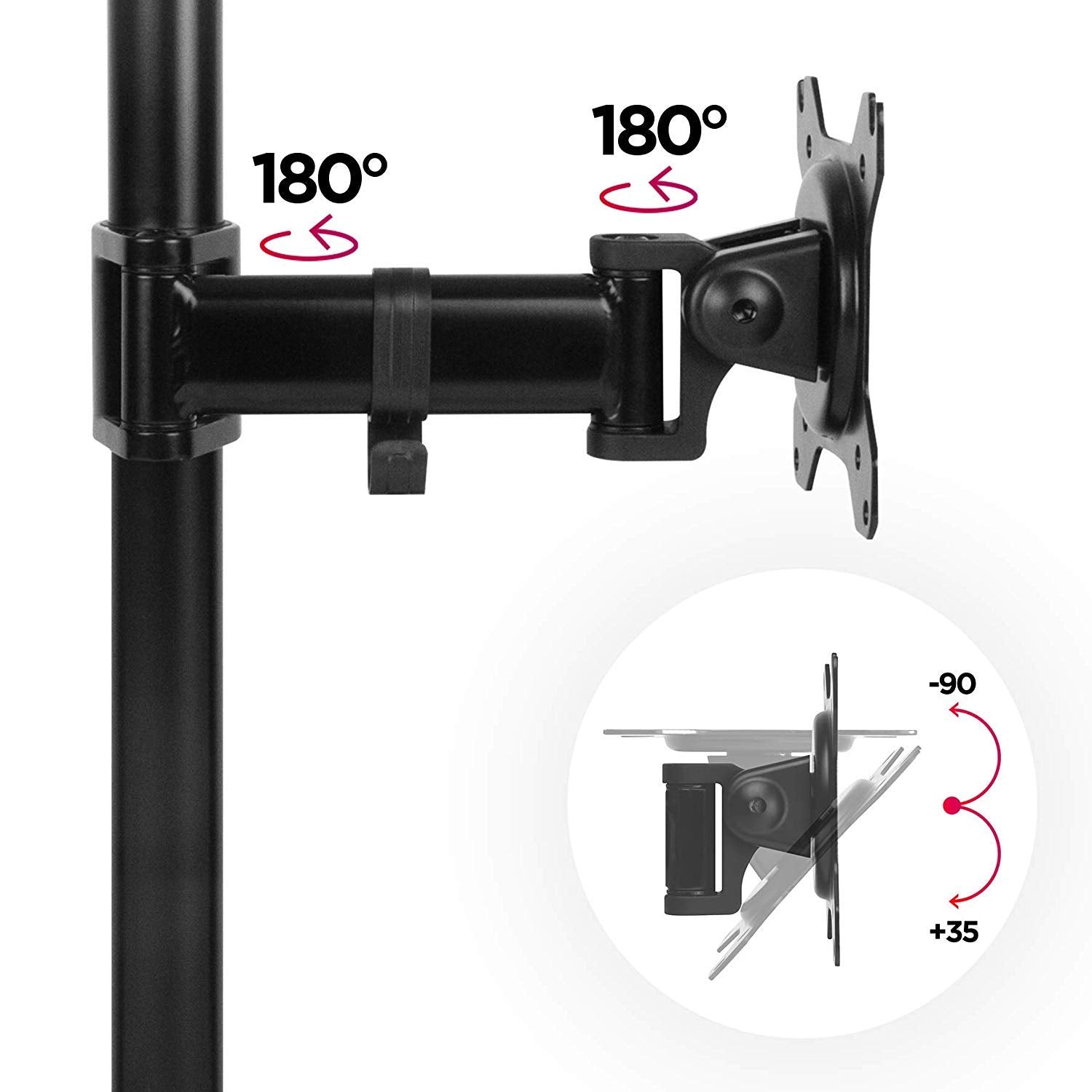 Duronic Single Monitor Stand showing 180-degree swivel joints and vertical tilt range.