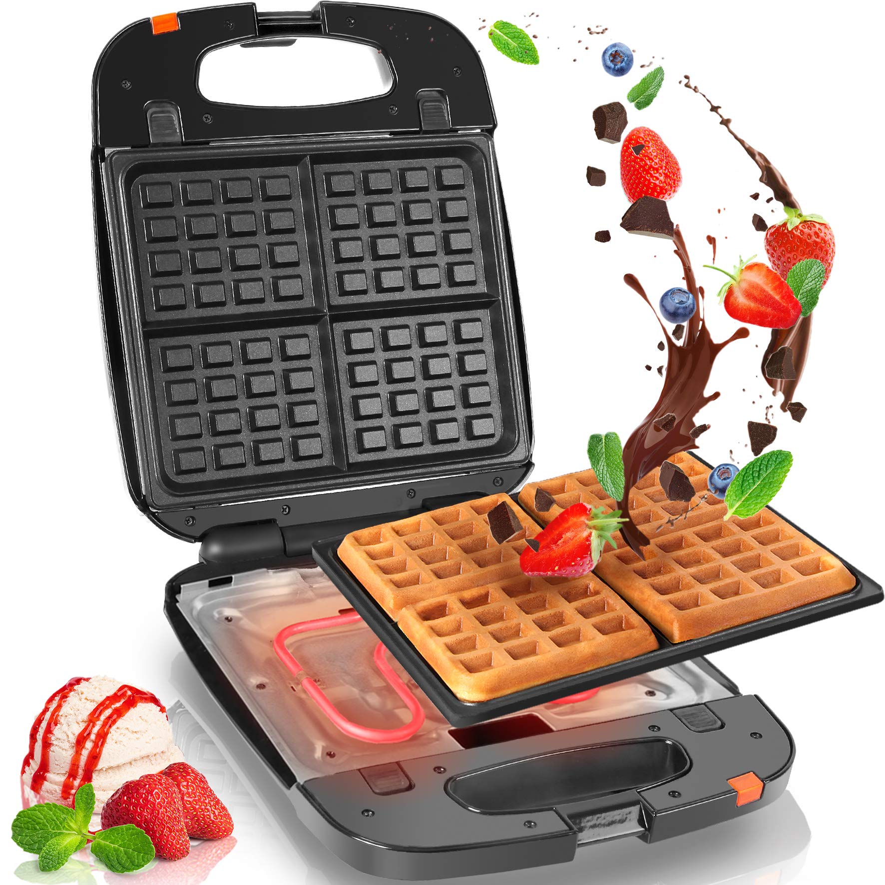 Duronic WM60 electric waffle maker cooking waffles with toppings like chocolate, strawberries, blueberries