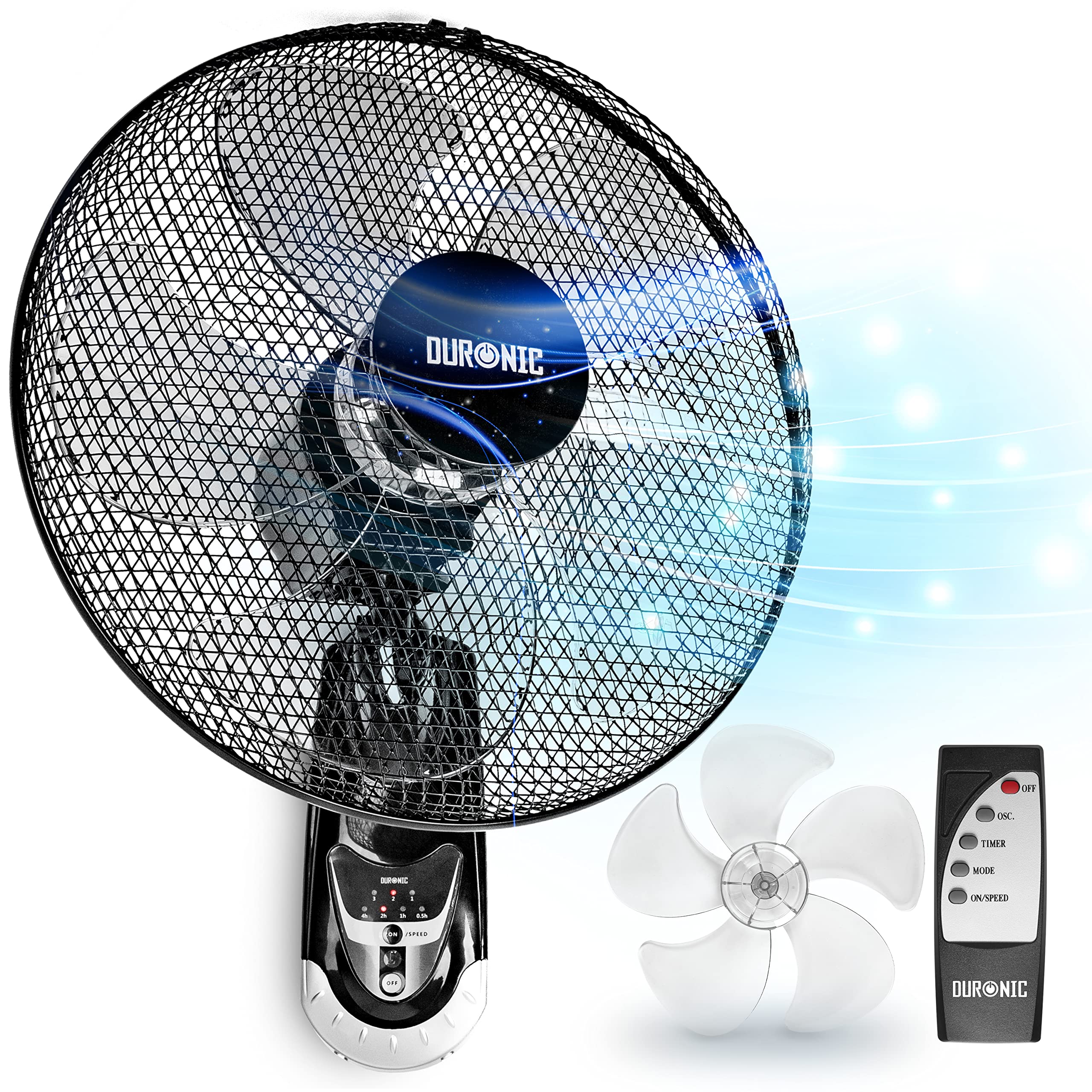 Duronic Wall Fan with mesh guard, five-blade propeller replacement, and remote control.