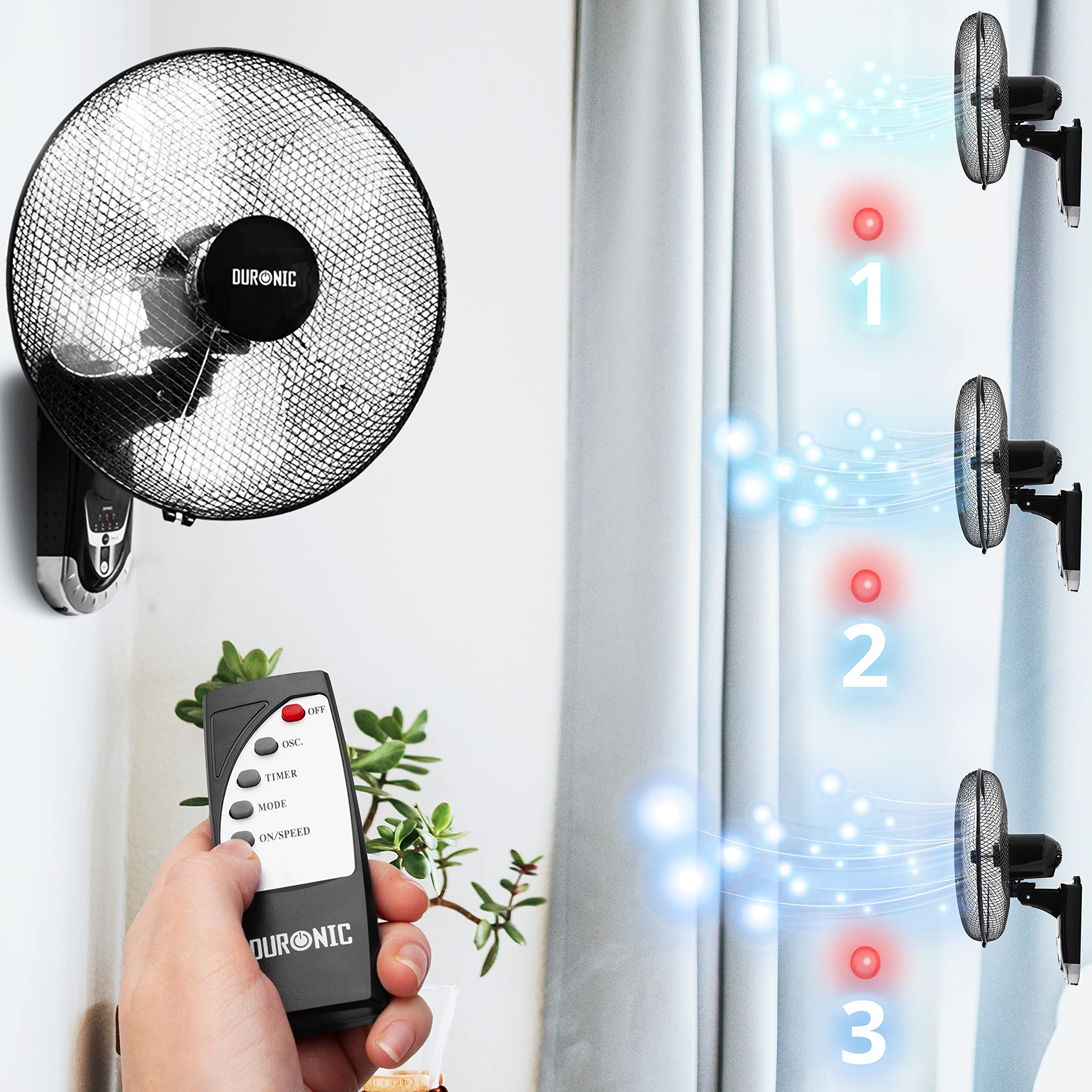 Duronic Wall Fan with remote control demonstrating three adjustable airflow speed settings.