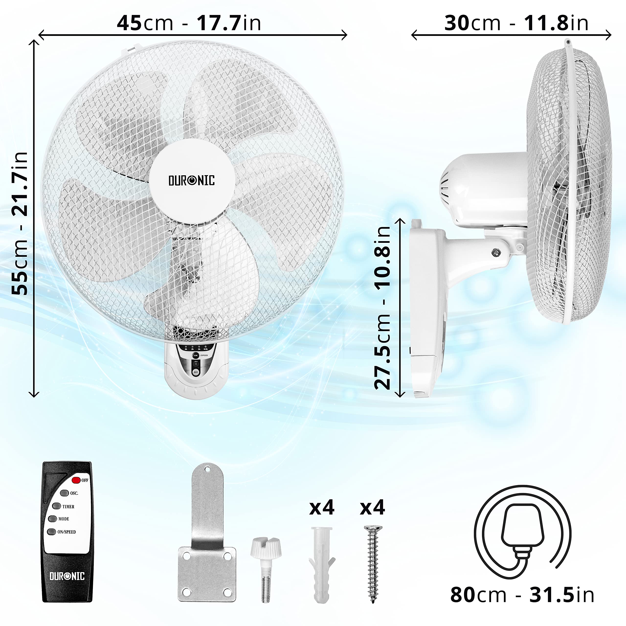 Duronic Wall Mounted Fan with dimensions, remote control, mounting hardware, and 80cm power cord diagram.