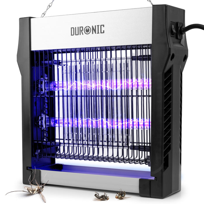 Duronic FK2X4 electric fly killer shown in use with zapped insects as an example