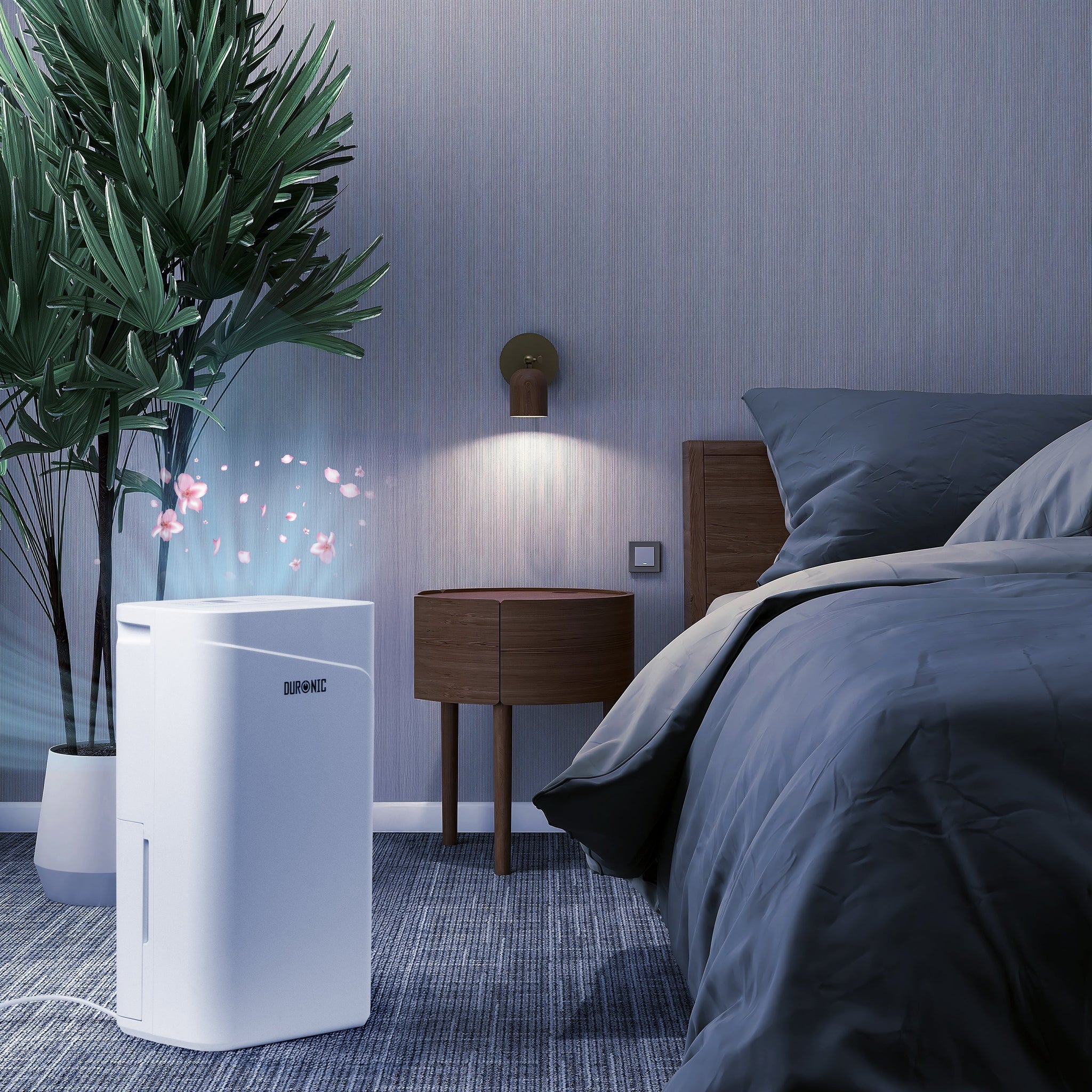 Duronic DH201 dehumidifier in use beside bed to improve sleep quality