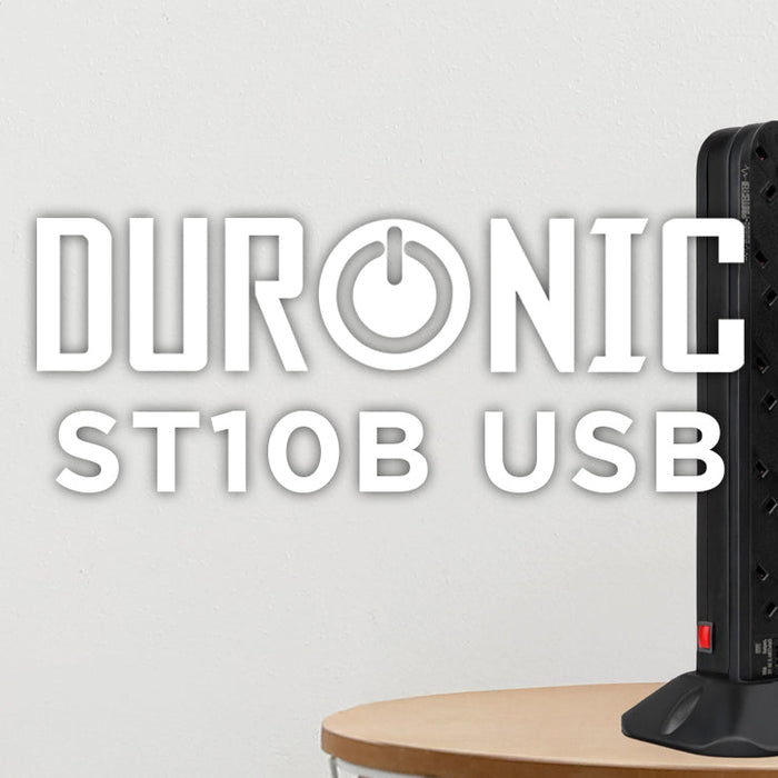 Duronic ST10B surge protected extension lead multi plug adapter placed on a wooden table