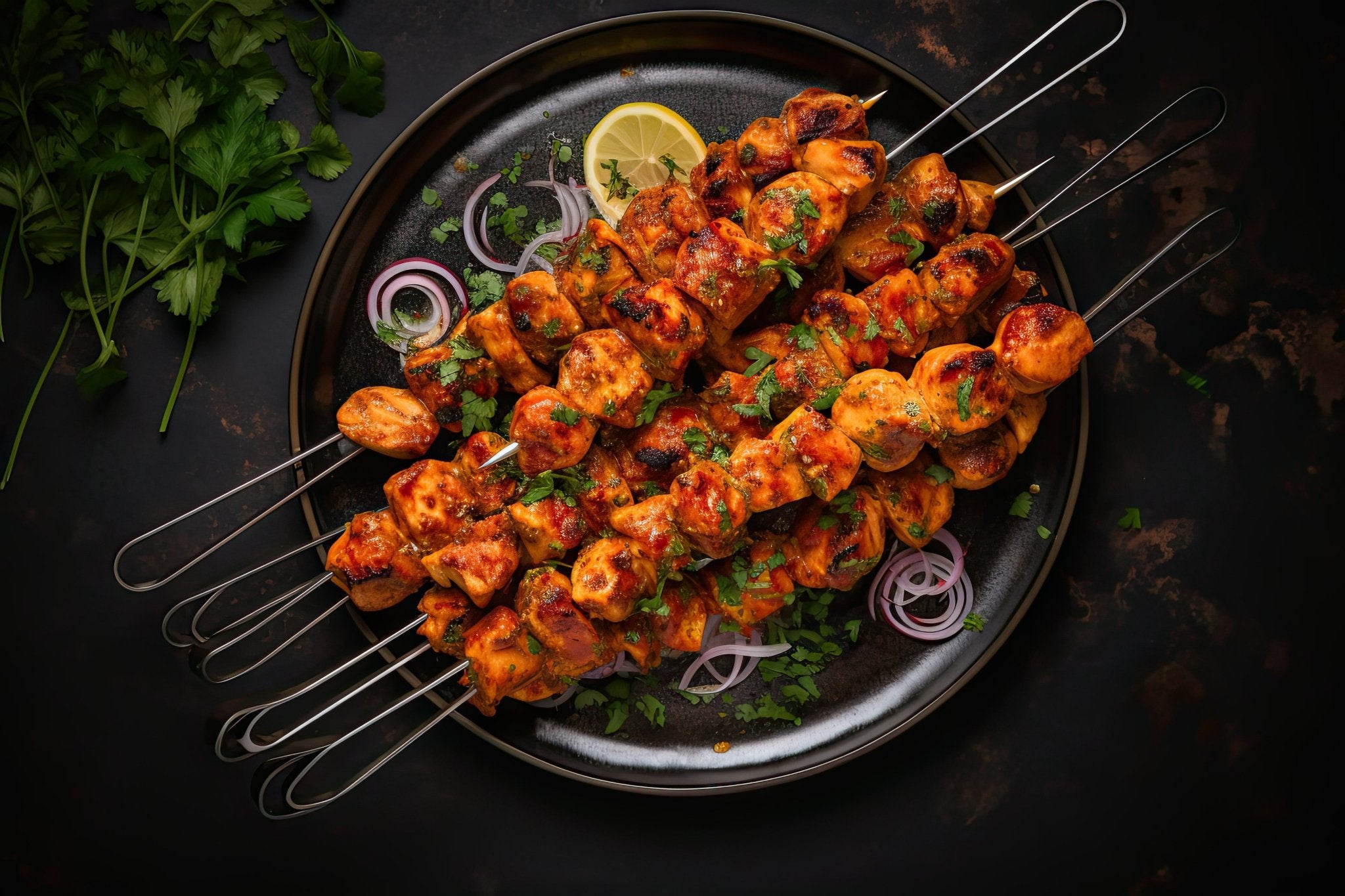 Chicken tikka skewers made using a dual air fryer