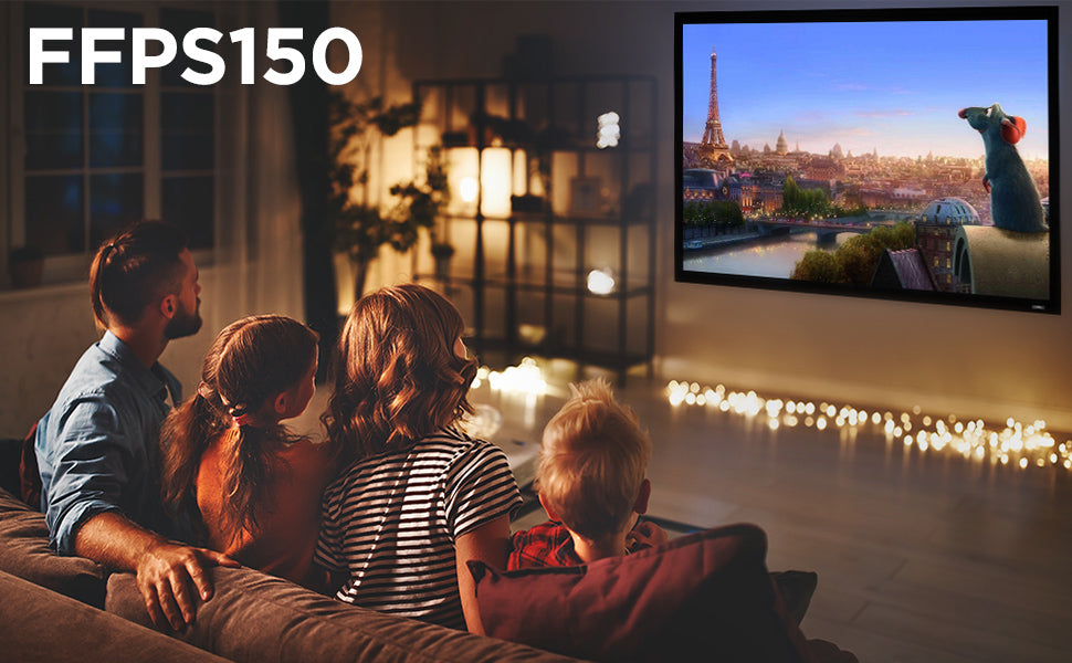 Family watching Ratatouille on couch using the Duronic FFPS150 projector screen