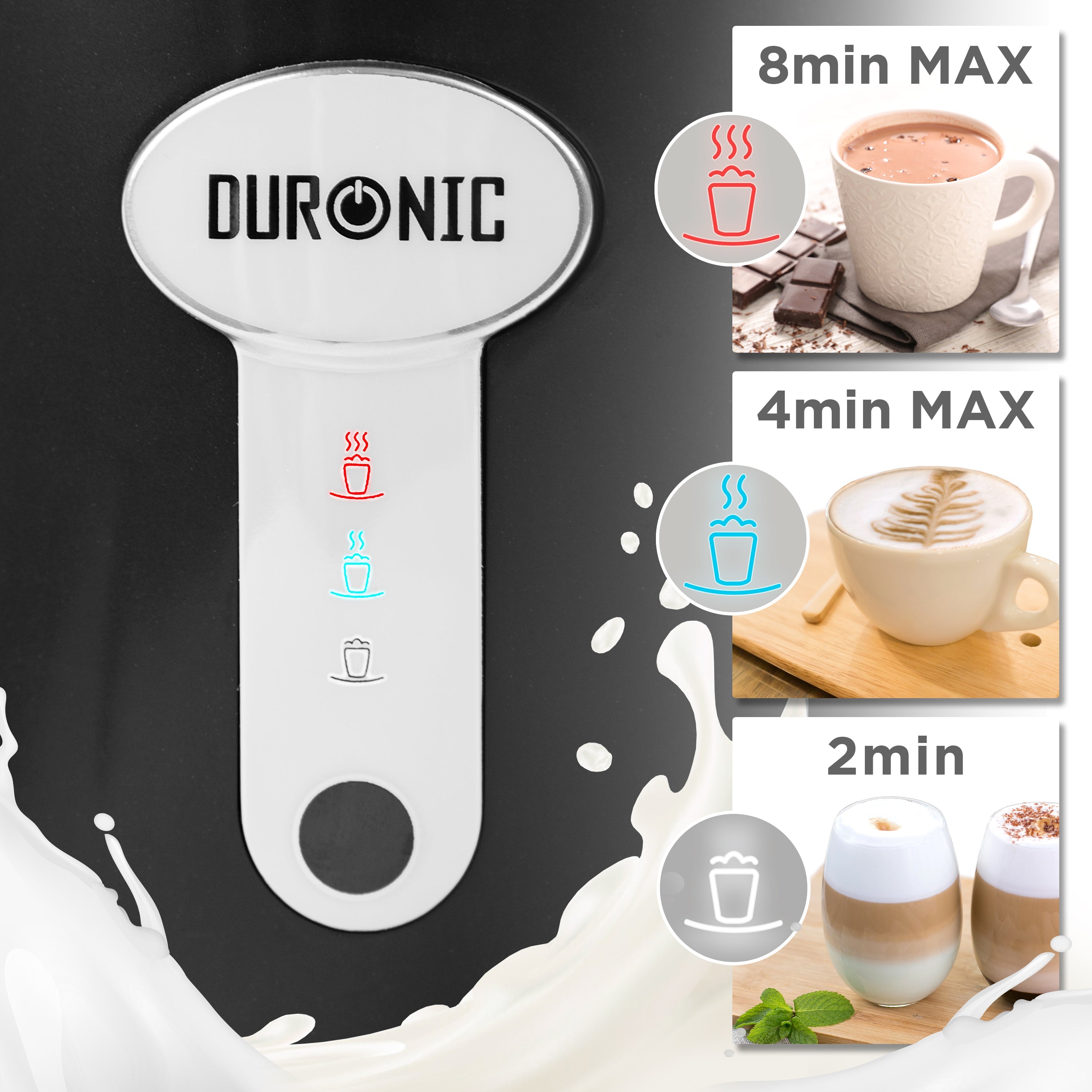 Duronic MF500 BK electric frothing machine for milk with different times for drinks that are hot, cold and warm
