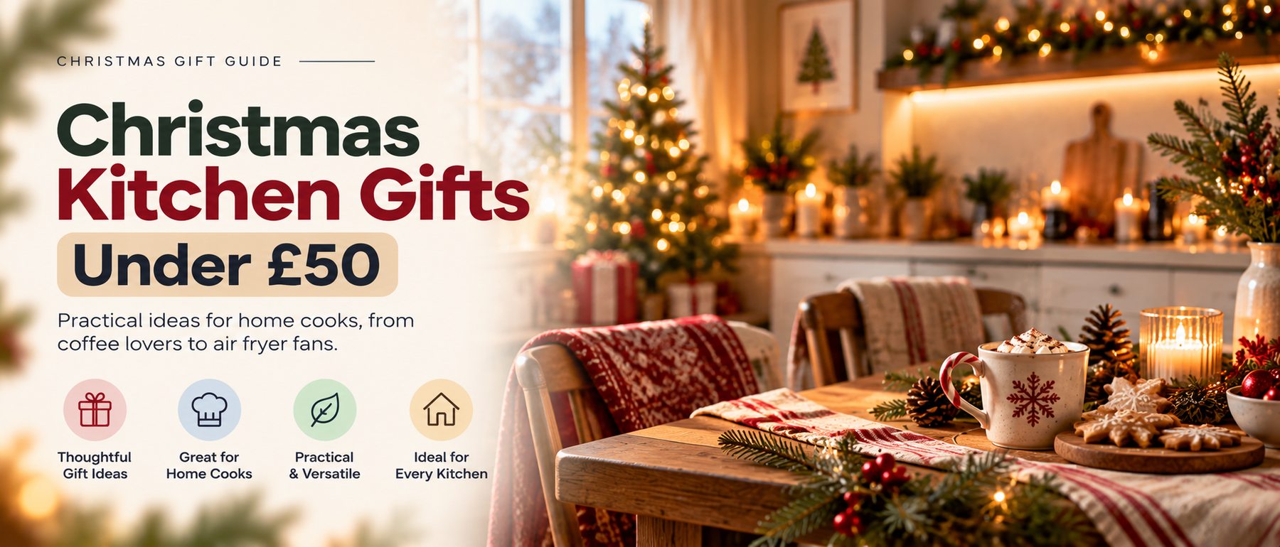Christmas kitchen gift ideas featuring a coffee grinder, electric kettle, hand blender and other small kitchen appliances beside festive decorations