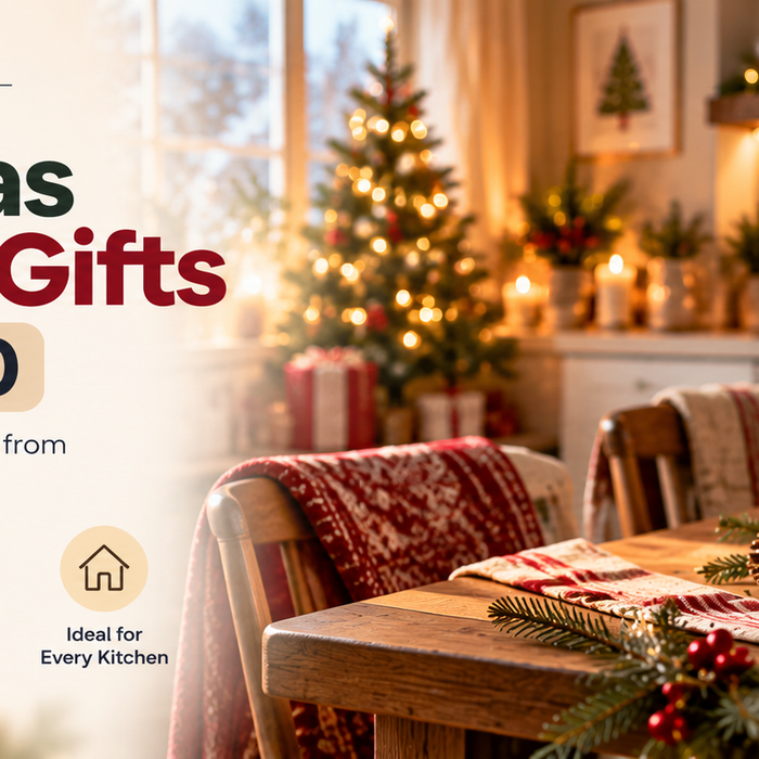 Christmas kitchen gift ideas featuring a coffee grinder, electric kettle, hand blender and other small kitchen appliances beside festive decorations