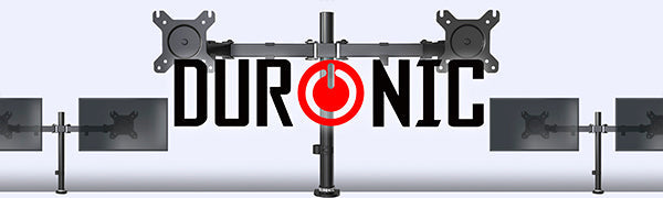 Duronic dual monitor desk mount holding two computer screens in a home office setup