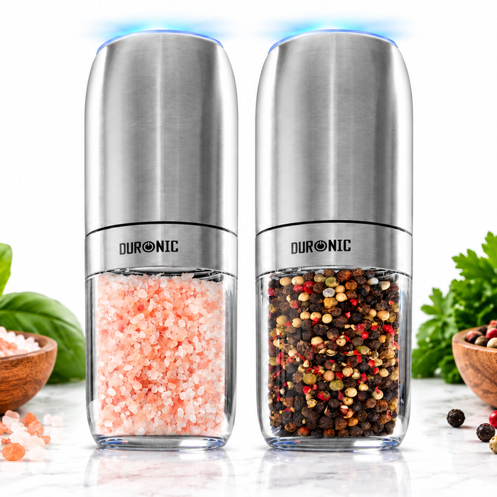 Duronic EMB2 electric salt and pepper grinder set filled with salt and mixed peppercorns