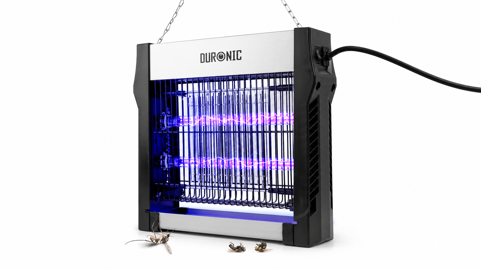 Duronic FK2X4 electric fly killer shown in use with zapped insects as an example