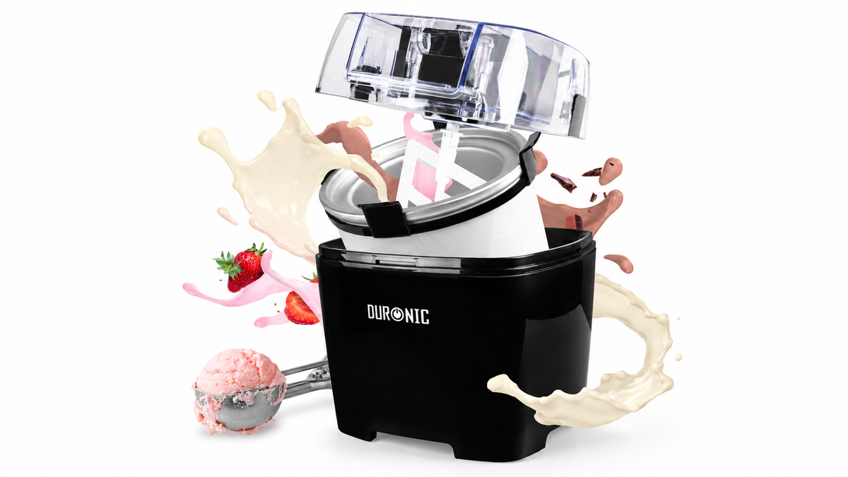 Duronic IM540 BK ice cream maker shown aesthetically with strawberry ice cream