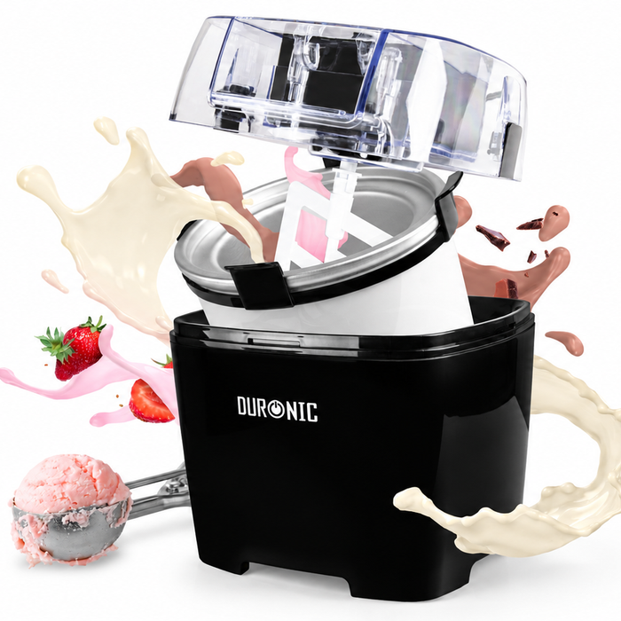 Duronic IM540 BK ice cream maker shown aesthetically with strawberry ice cream