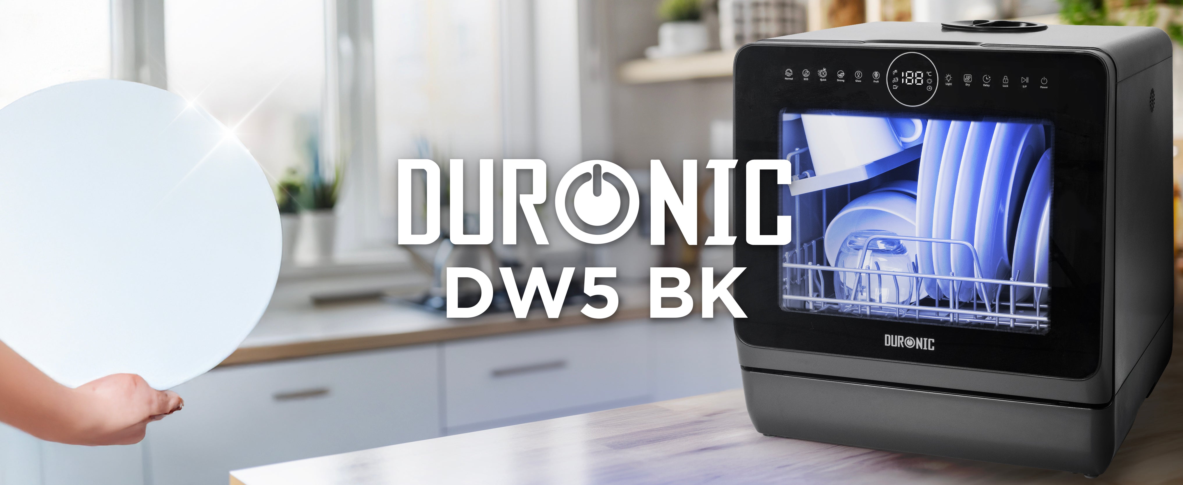 Duronic DW5 BK table top dishwasher on aesthetic countertop kitchen cleaning plates and glass