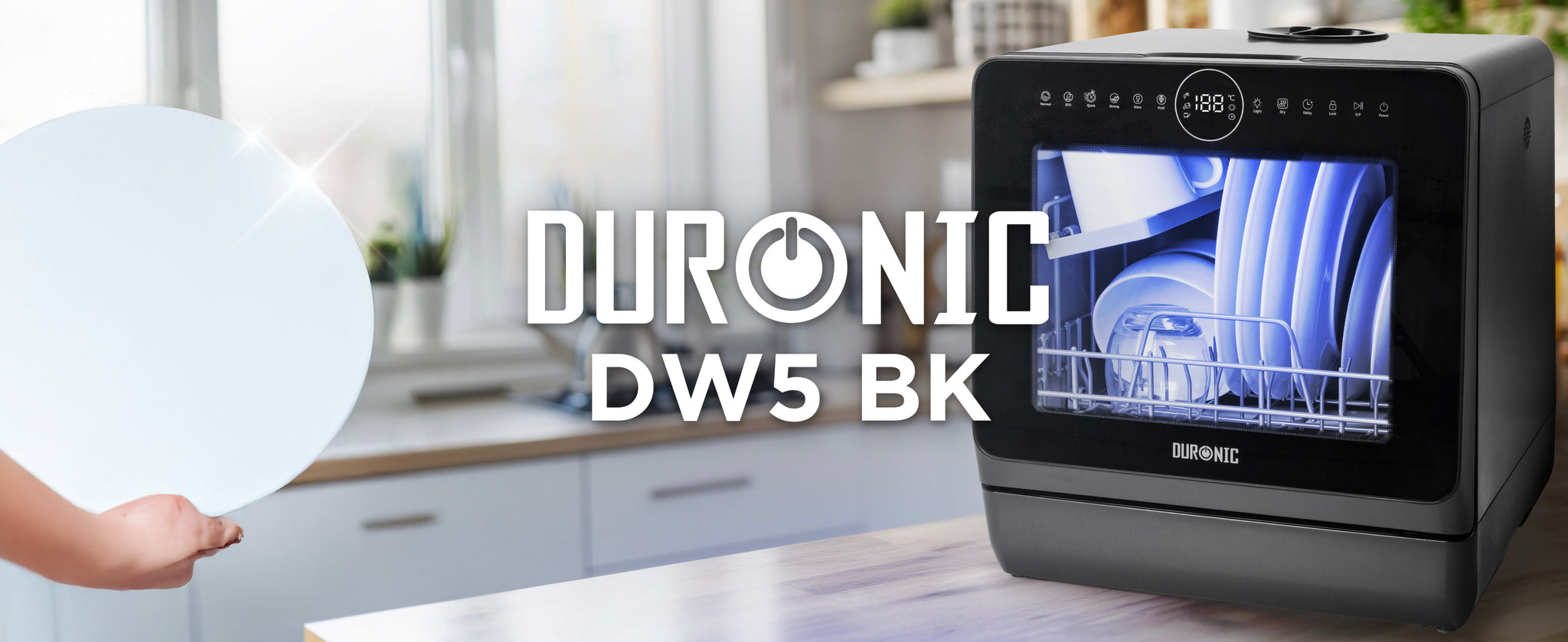 Duronic DW5 BK table top dishwasher on aesthetic countertop kitchen cleaning plates and glass