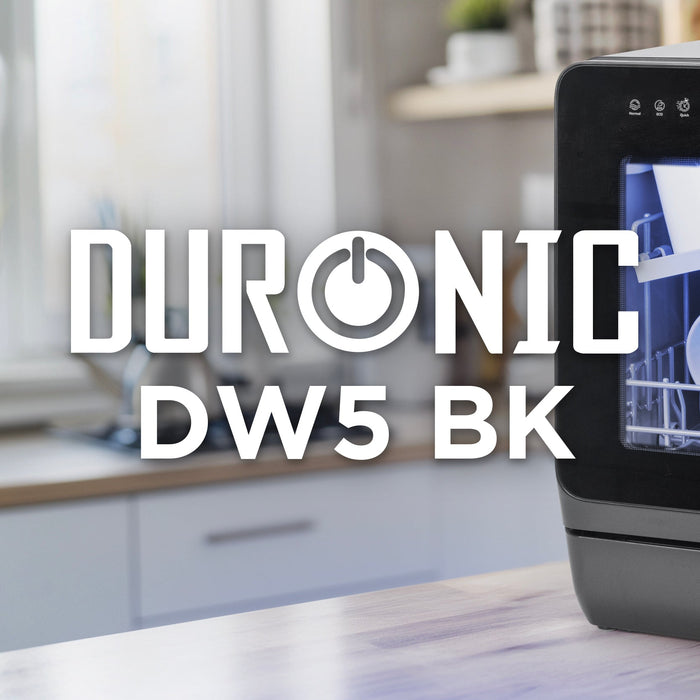 Duronic DW5 BK table top dishwasher on aesthetic countertop kitchen cleaning plates and glass
