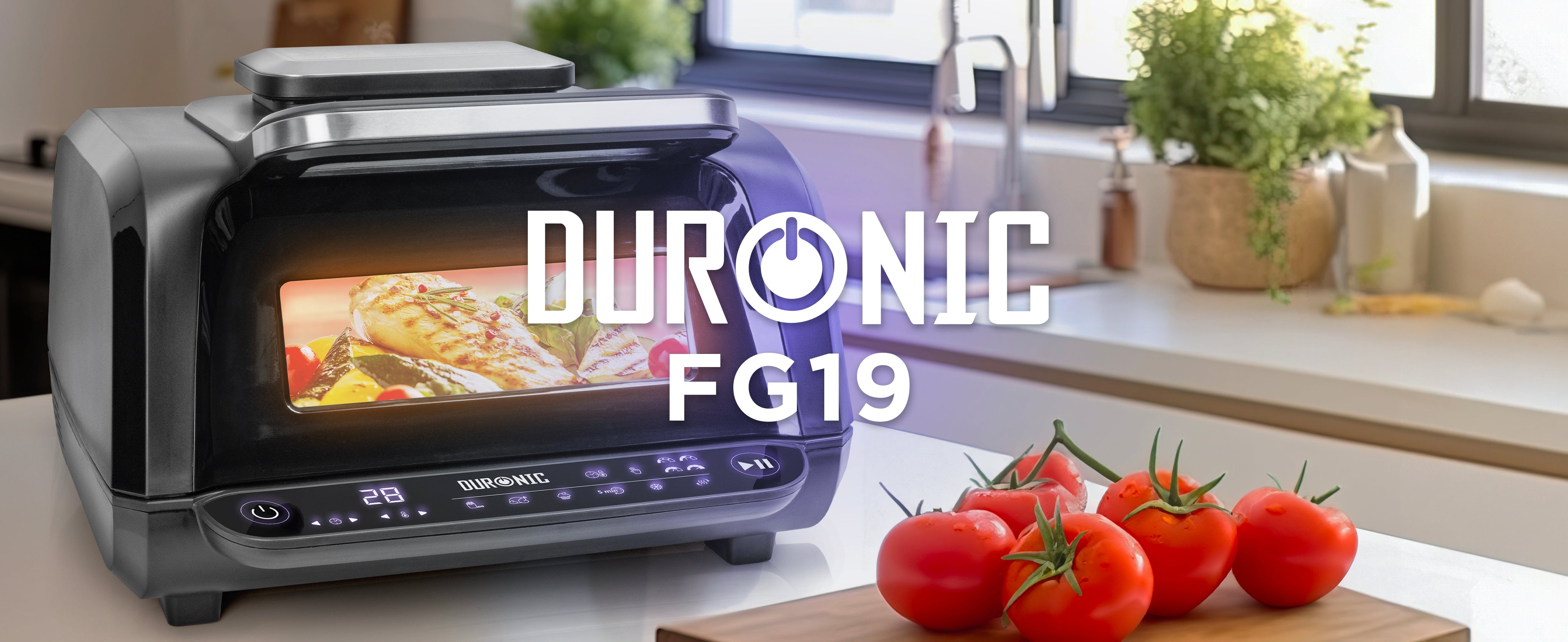 Duronic FG19 air fryer grill placed on an aesthetic kitchen countertop cooking fish and vegetables
