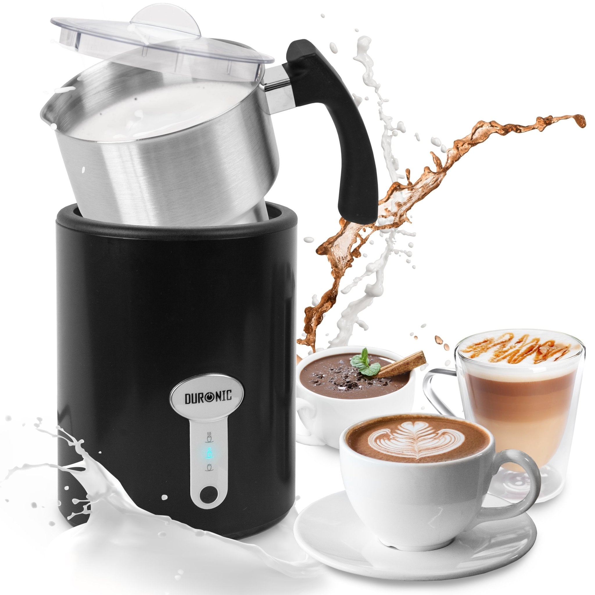 Duronic MF500 BK electric milk frother automatic milk heater for latte, froth, coffee, matcha