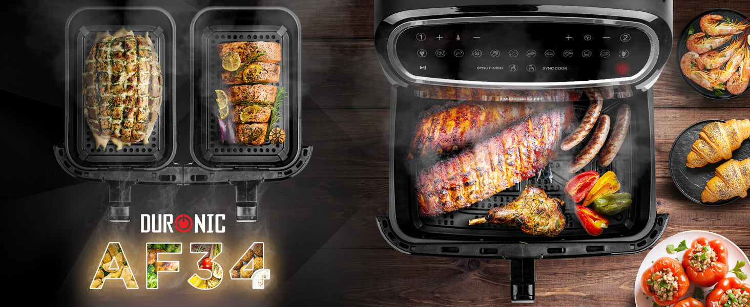 Duronic AF34 10L dual drawer air fryer with two cooking compartments, showing roasted chicken, vegetables and crispy food