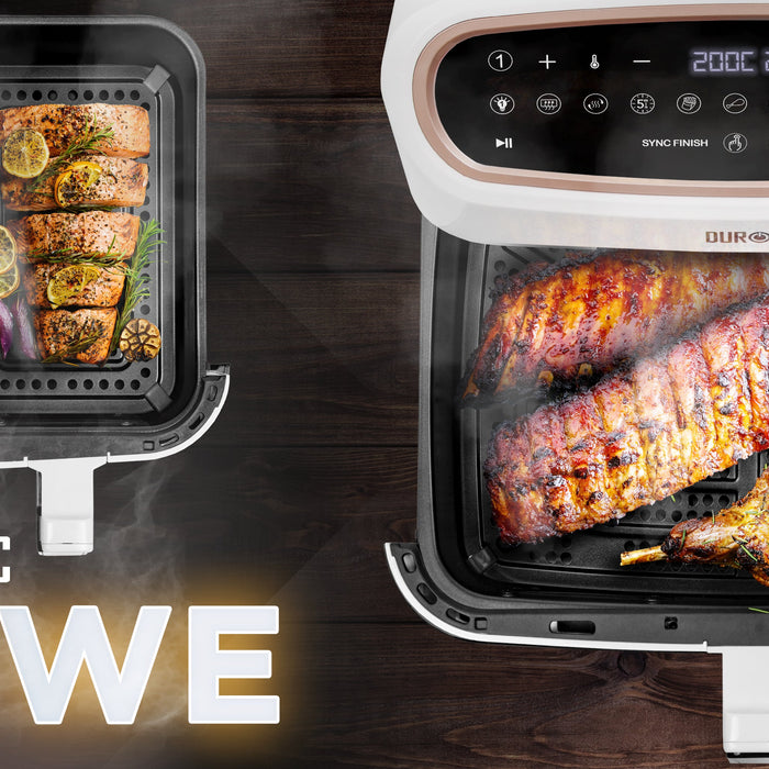 Duronic AF34 triple drawer air fryer cooking meat, fish, vegetables