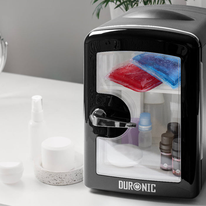 Duronic MFW4 mini fridge with selfcare products including eye masks and heat packs