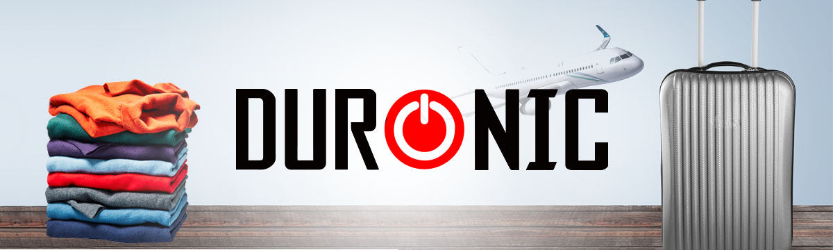 Image depicting clothes, luggage and a plane, to which the Duronic travel irons can be used to iron clothing on the go