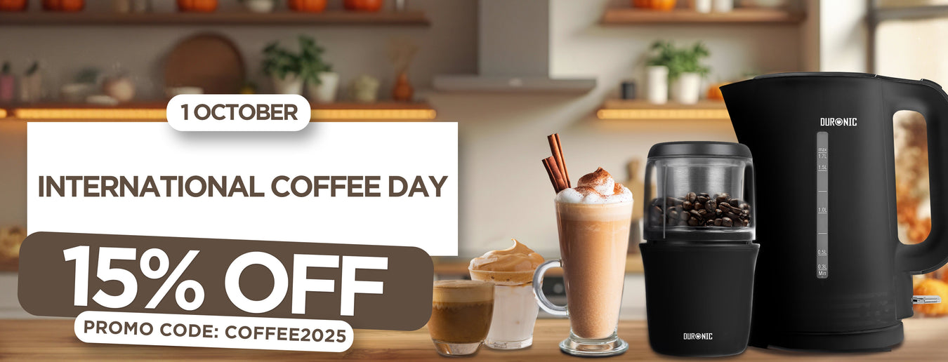 International Coffee Day showcasing aesthetic kitchen with Duronic coffee grinder and Duronic electric kettle