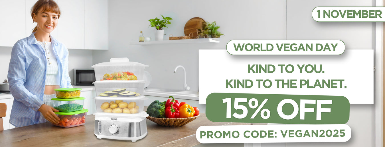World Vegan Day 2025 shown being promoted using the Duronic FS95 electric food steamer