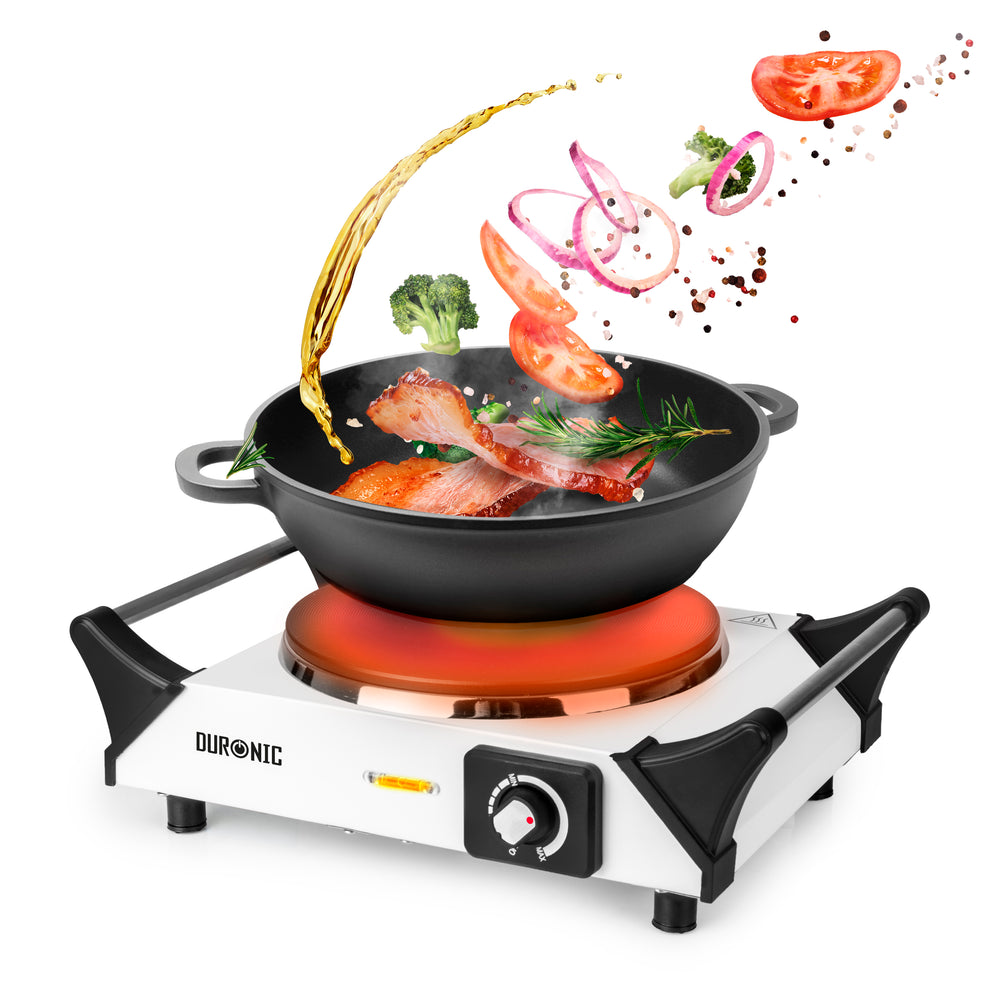 Duronic Electric Hot Plate HP1 WE, 1500W Single Burner Hob, Portable Table Top Cooker with Cast Iron Ring & Cool-Touch Handles for Camping, Caravans, Home, Small Kitchens, White