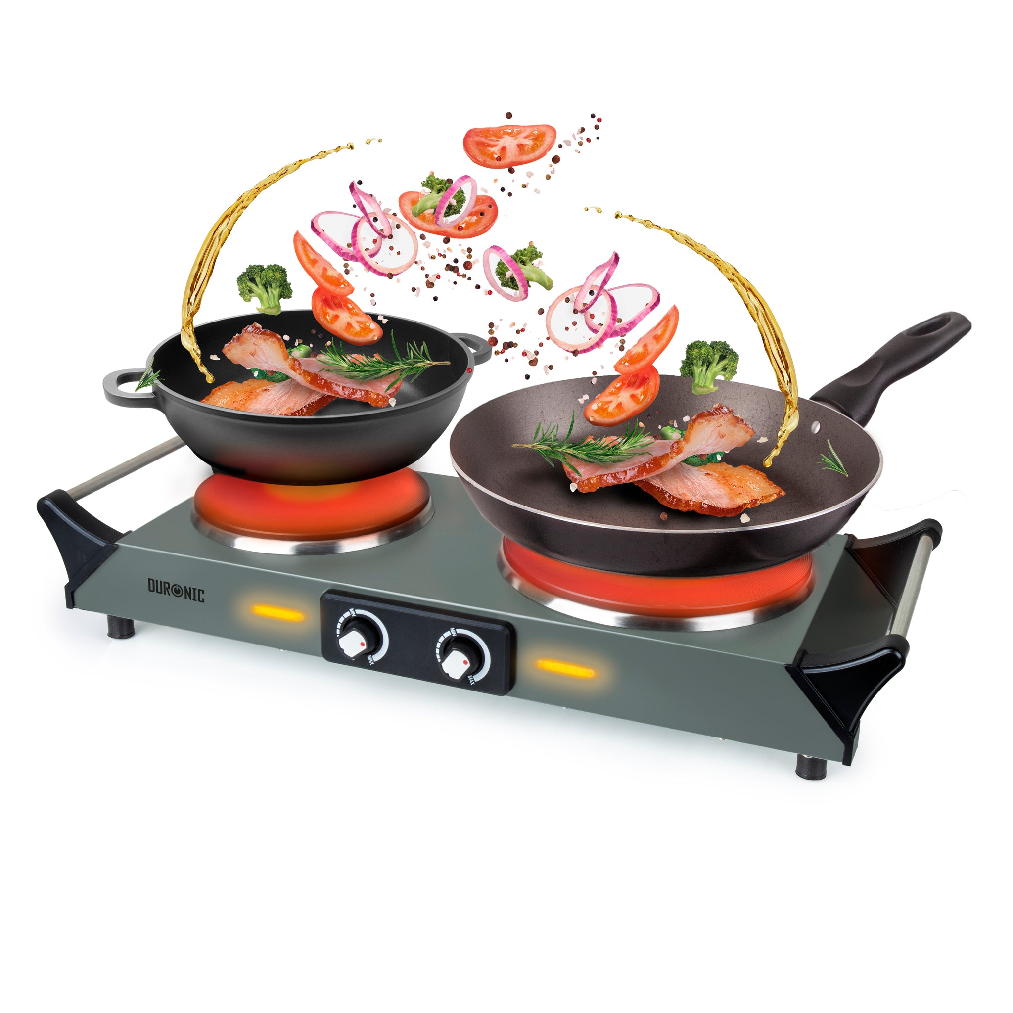 Duronic Electric Hot Plate HP2 GG, 2500W Double Burner Hob, Portable Table Top Cooker with Cast Iron Ring & Cool-Touch Handles for Camping, Caravans, Home, Small Kitchens, Grey Green