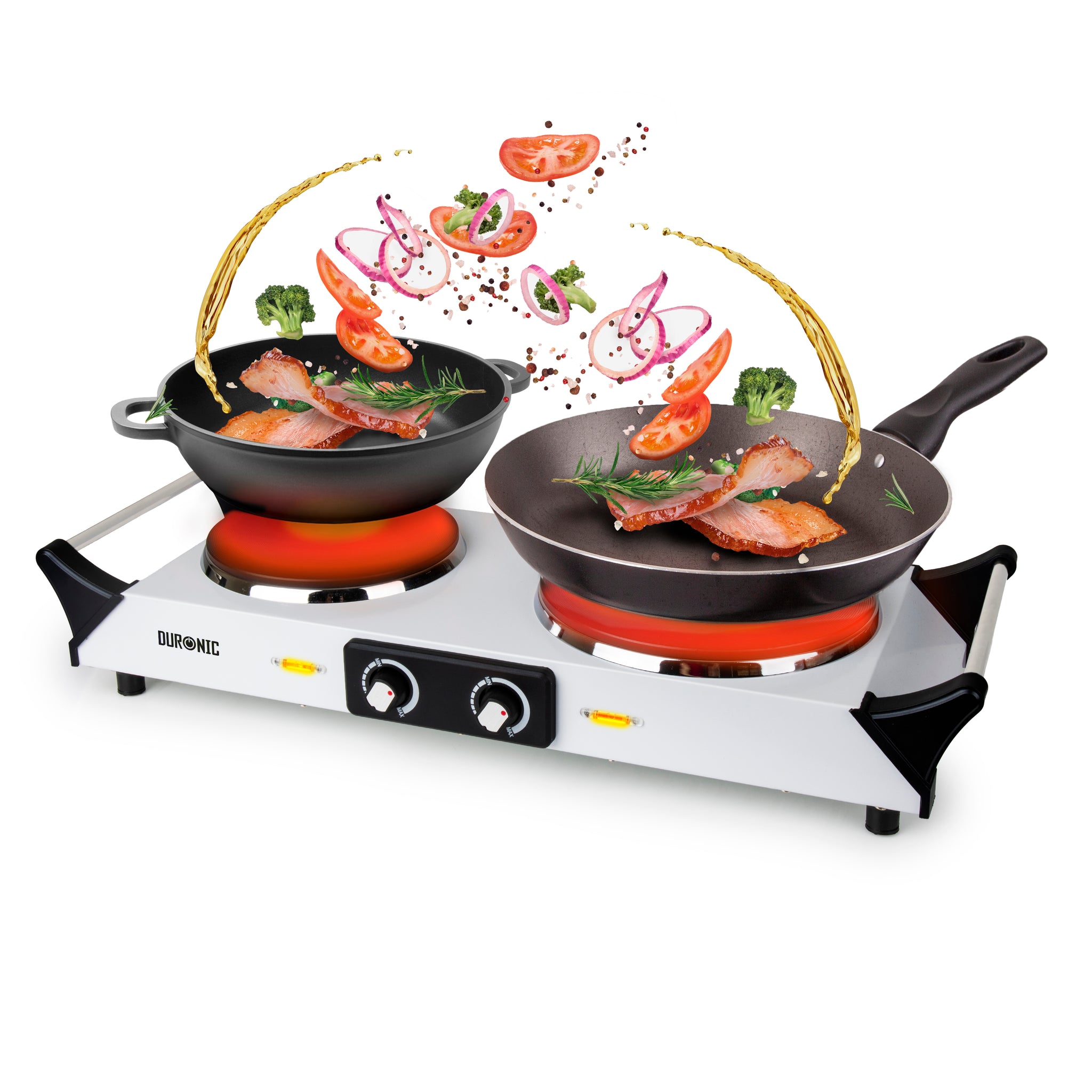 Duronic Electric Hot Plate HP2 WE, 2500W Double Burner Hob, Portable Table Top Cooker with Cast Iron Ring & Cool-Touch Handles for Camping, Caravans, Home, Small Kitchens, White
