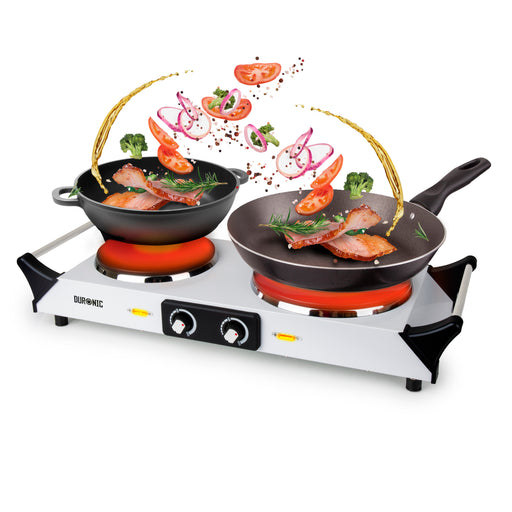 Duronic Electric Hot Plate HP2 WE, 2500W Double Burner Hob, Portable Table Top Cooker with Cast Iron Ring & Cool-Touch Handles for Camping, Caravans, Home, Small Kitchens, White
