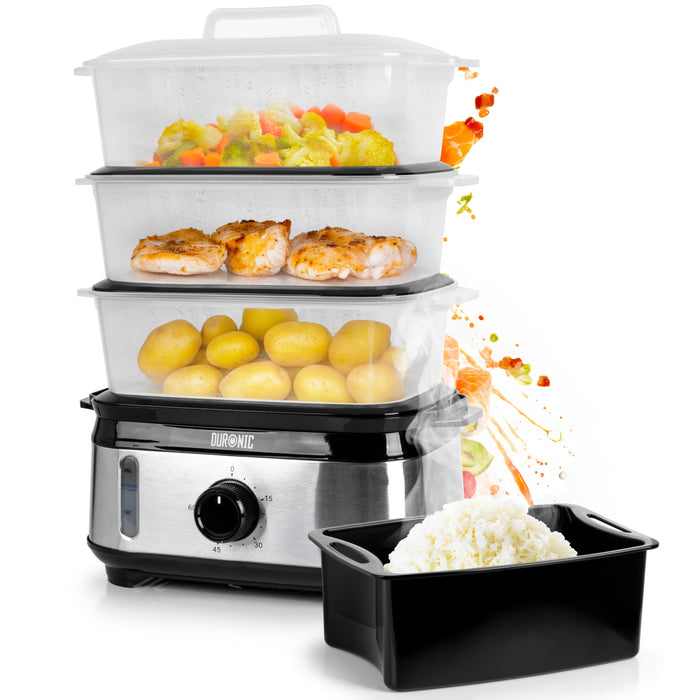 Duronic FS95 BK Black Electric Food Steamer, 3-Tier 9L Steam Cooker with Rice Bowl & 60-Min Timer, 950W BPA-Free Countertop Vegetable Steamer for Fish, Meat, Rice, Eggs, Dumplings, Momos & Baby Food
