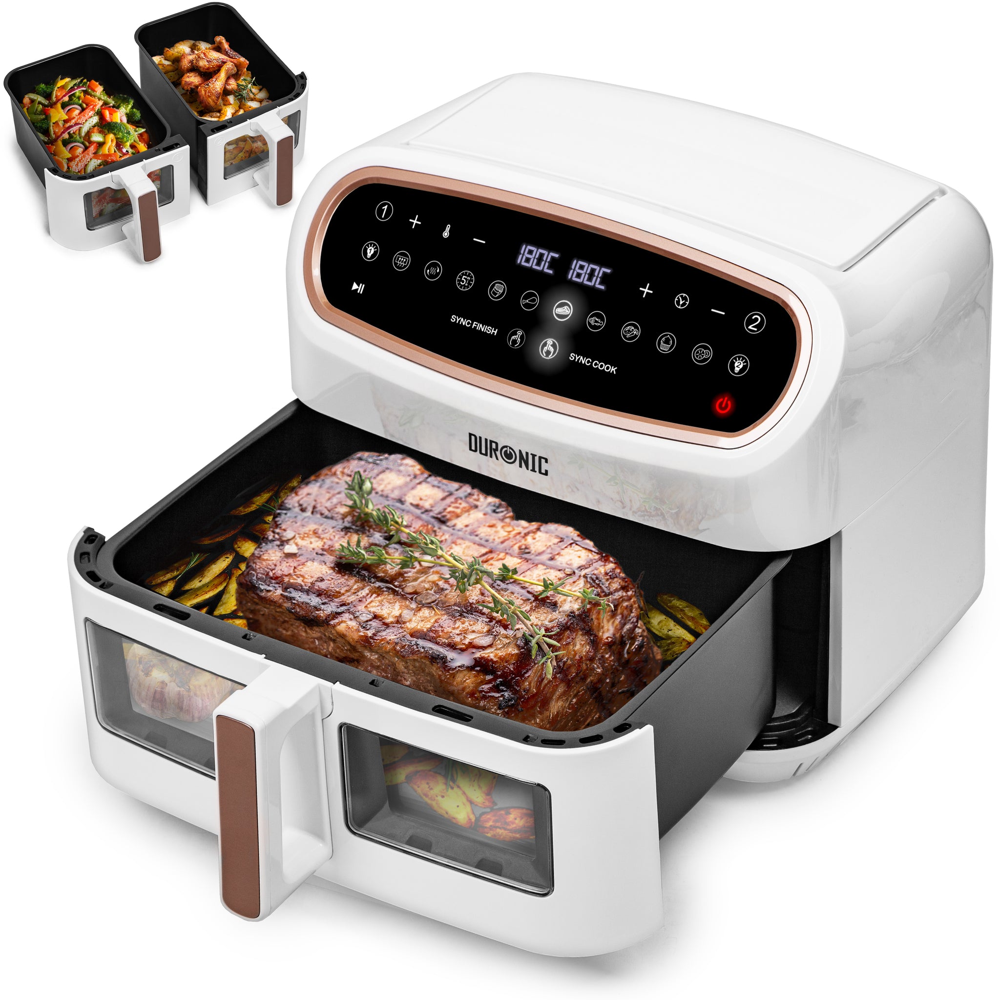 Duronic AF34 WE Triple Drawer 10L Digital Air Fryer with Visual Window, Dual Zone, 10-in-1 Large Drawer AirFryer for Family, Uses No Oil, Air Fry, Roast, Bake, Dishwasher Safe Non-Stick Baskets, White and Gold