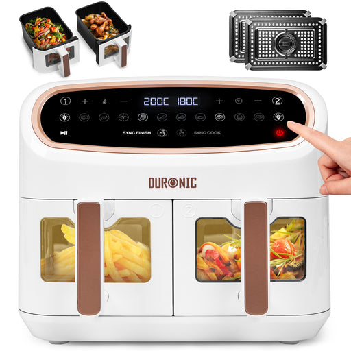 Duronic Twin Air Fryer AF24 WG Dual Zone Cooker 10L Dual Drawers 10-in-1 Double Basket AirFryer for Family, Uses No Oil, Air Fry, Roast, Bake, Dishwasher Safe Non-Stick Baskets, White Gold