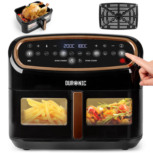 Duronic Large Air Fryer AF14 BG 10L Large Drawer with Visual Window, Dual Zone, 10-in-1 Digital AirFryer for Family, Uses No Oil, Air Fry, Roast, Bake, Dishwasher Safe Non Stick Basket, Black Gold