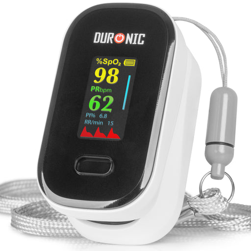 Duronic Finger Pulse Oximeter OX02 Blood Oxygen Saturation & Pulse Rate Monitor CE Certified SpO2 Fingertip Monitor for Home Use Portable Latex Free Oximeters with Digital Display & Lanyard