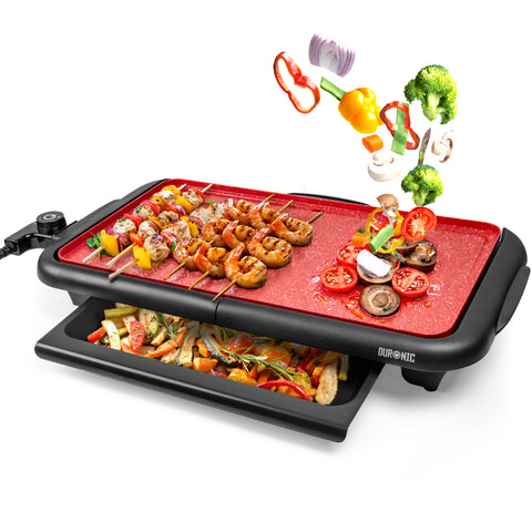 Duronic GP25 Teppanyaki Grill, 2000W Electric Hot Plate with Warming Tray, Non-Stick Surface, Removable Drip Tray, Adjustable Temperature, Ideal for Family Meals, Dinner Parties, BBQ Meat, Fish & Veg