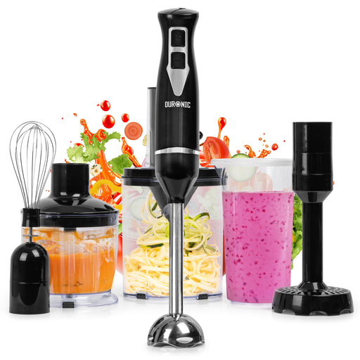 Duronic Electric Hand Blender HB35 BUNDLE 350W Baby Food Maker with Immersion stick Whisk Masher Attachments 0.6L Smoothie Maker with Vegetable Spiralizer & Mini Food Chopper