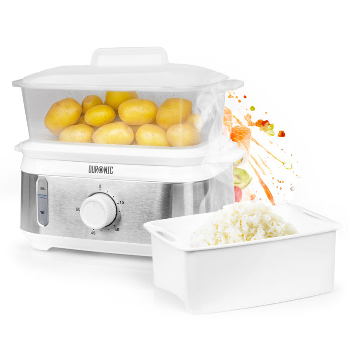 Duronic FS91 WE White Electric Food Steamer, 3L Steam Cooker with Rice Bowl & 60-Min Timer, 950W BPA-Free Countertop Vegetable Steamer for Fish, Meat, Rice, Eggs, Dumplings, Momos & Baby Food