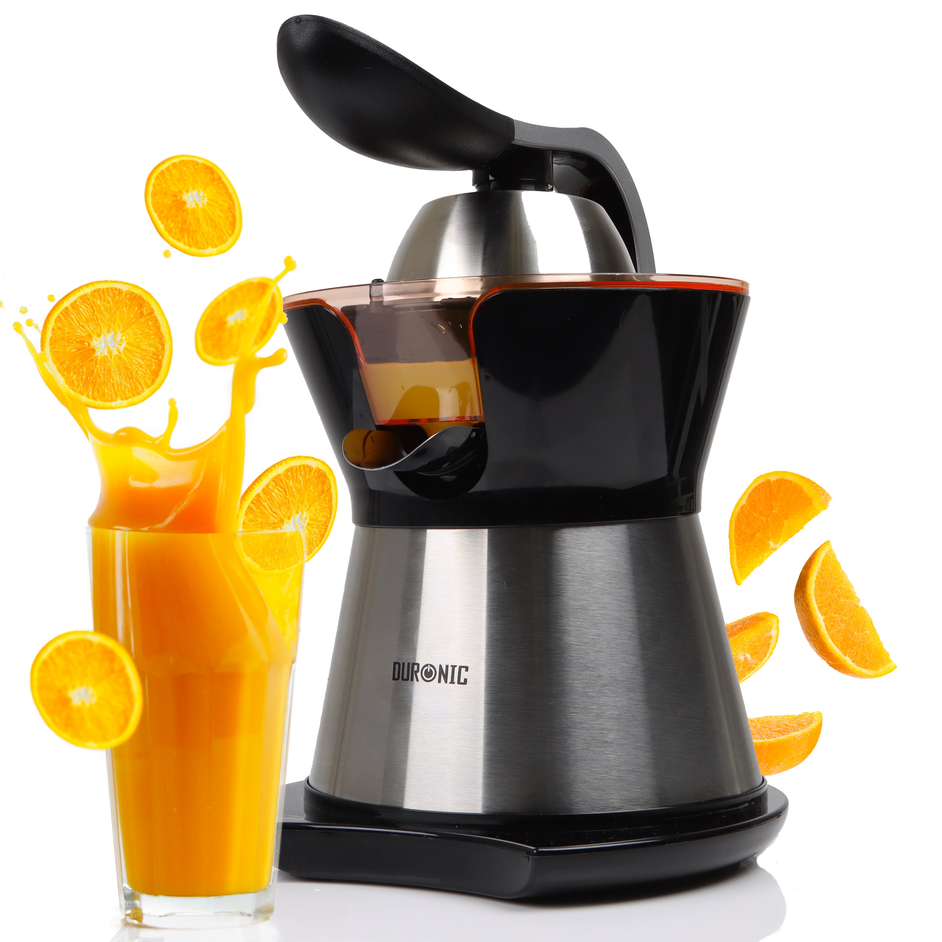 Duronic Electric Citrus Juicer JE304 2 Interchangeable Lemon Squeezer Cones 300W Electric Hand Press with Adjustable Pulp Filter and Pouring Spout