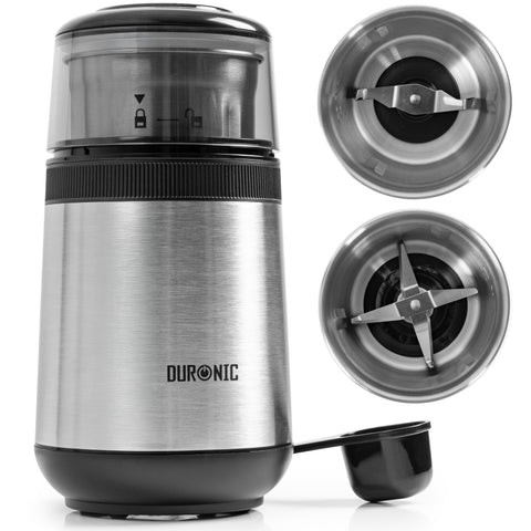 Duronic CG355 Electric Coffee Grinder, 220ml Spice Mill, Stainless Steel, Fast One-Touch Grinding with Separate Dry and Wet cups for Coffee, Spices, Nuts, Seeds, Pastes and Sauces, 150W